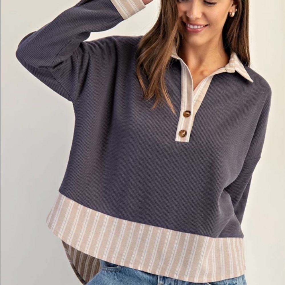EESOME Striped Contrast Trim Waffle Knit Collared Top